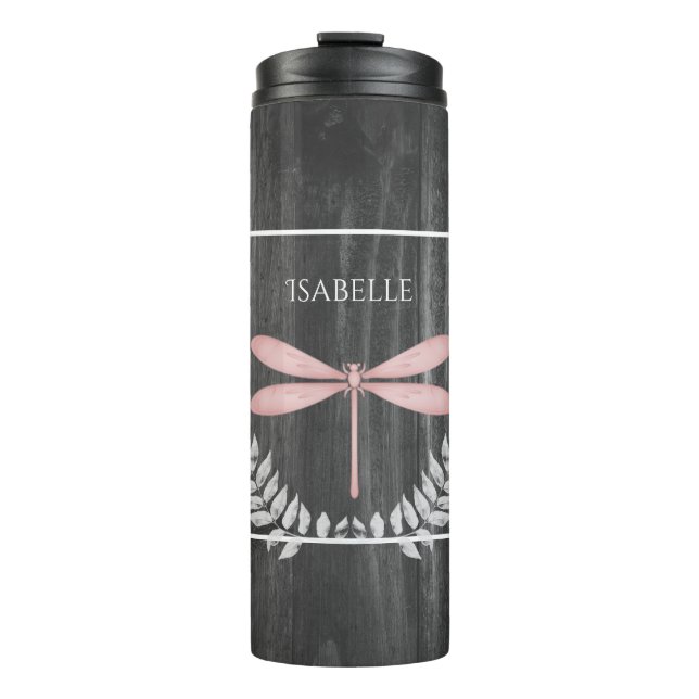 Pink Dragonfly Rustic Personalised Thermal Tumbler (Front)