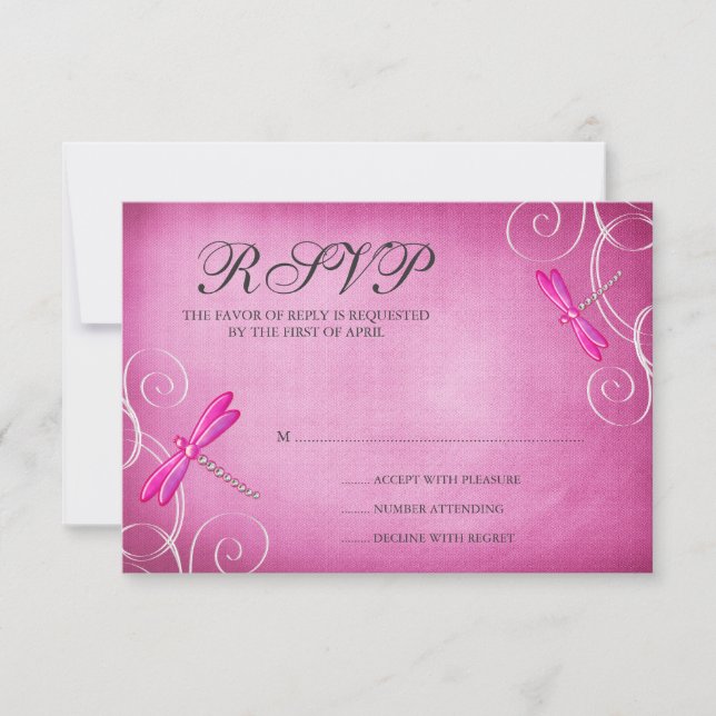 Pink Dragonfly Swirls Wedding RSVP Response Card (Front)