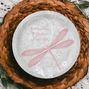 Pink Dragonfly Wedding Paper Plate