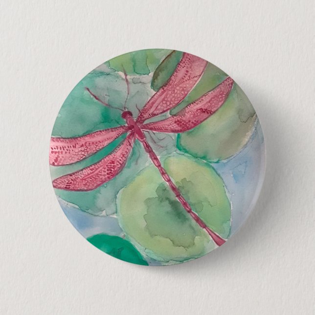 pink dragonfly with lily pads 6 cm round badge (Front)