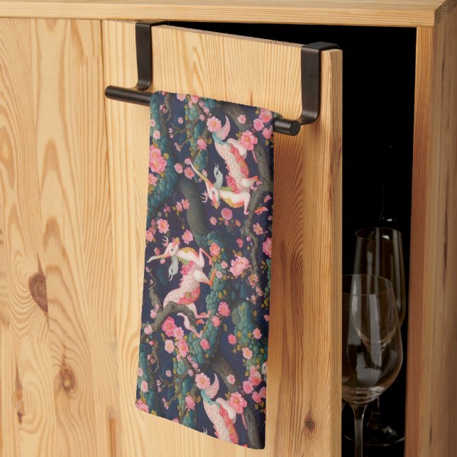Pink Dragons and Cherry Blossoms Tea Towel (Thirds Fold)