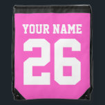Pink drawstring bag | Personalised jersey number<br><div class="desc">Girly pink bag. Personalised jersey number drawstring backpack. Cool sports / gym bag for men women and kids. Make one for yourself or team. Add your name. Perfect for basketball,  baseball,  football,  soccer,  volleyball,  softball,  lacross and more athletic games.</div>