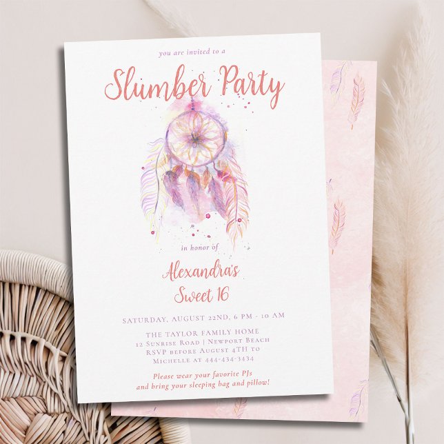 Pink Dream Catcher Slumber PJ Party Sweet 16 Invitation (sweet 16 slumber party invitation birthday pj sleep over dreamcatcher pink orange watercolor feather)