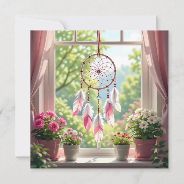 Pink Dreamcatcher and Plants Window  Holiday Card (Front)