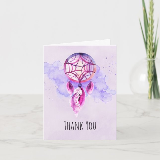 Pink Dreamcatcher On Purple Paint Splatter Thanks Thank You Card (Front)