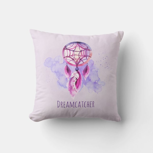 Pink Dreamcatcher On Purple Watercolor Splatter Cushion (Front)