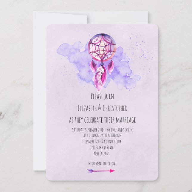 Pink Dreamcatcher Purple Watercolor Wedding Invite (Front)