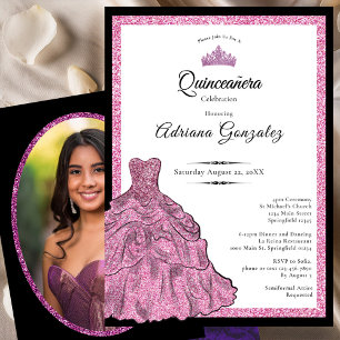 Pink Dress and Tiara Custom Photo Quinceanera Invitation