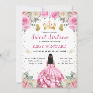 Pink Dress Black Hair Princess Sweet 16 Invitation