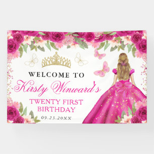 Pink Dress Blonde Princess Floral Birthday Banner
