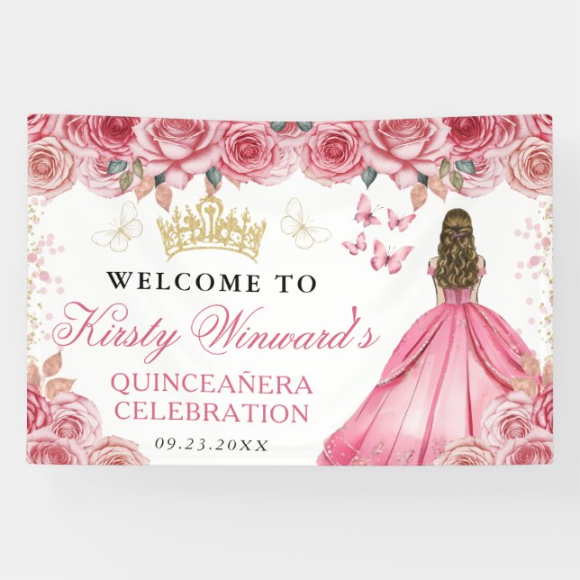 Pink Dress Blonde Princess Floral Quinceanera Banner (Horizontal)