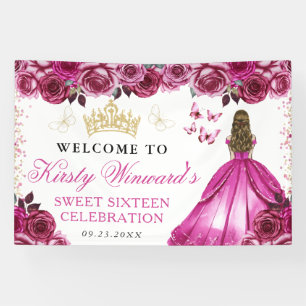 Pink Dress Blonde Princess Floral Sweet 16 Banner