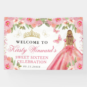 Pink Dress Blonde Princess Floral Sweet 16 Banner