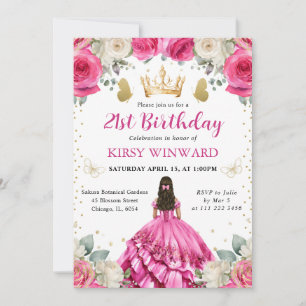 Pink Dress Brunette Hair Princess Birthday Invitation