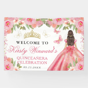 Pink Dress Brunette Princess Floral Quinceanera Banner