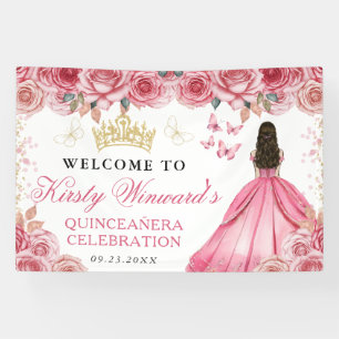 Pink Dress Brunette Princess Floral Quinceanera Banner