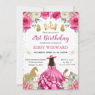 Pink Dress Brunette Western Princess Birthday Invitation