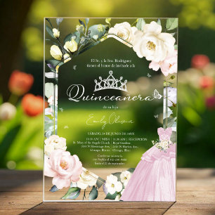 Pink Dress Butterfly Floral Quinceañera spanish Acrylic Invitations