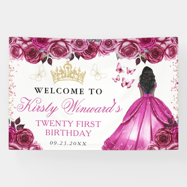 Pink Dress Dark Skin Princess Floral Birthday Banner (Horizontal)
