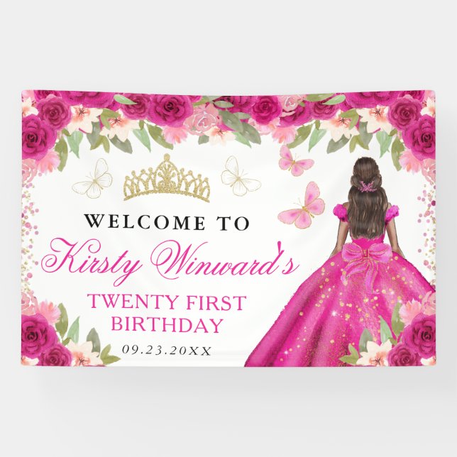 Pink Dress Dark Skin Princess Floral Birthday Banner (Horizontal)