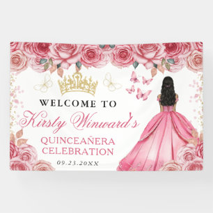Pink Dress Dark Skin Princess Floral Quinceanera Banner