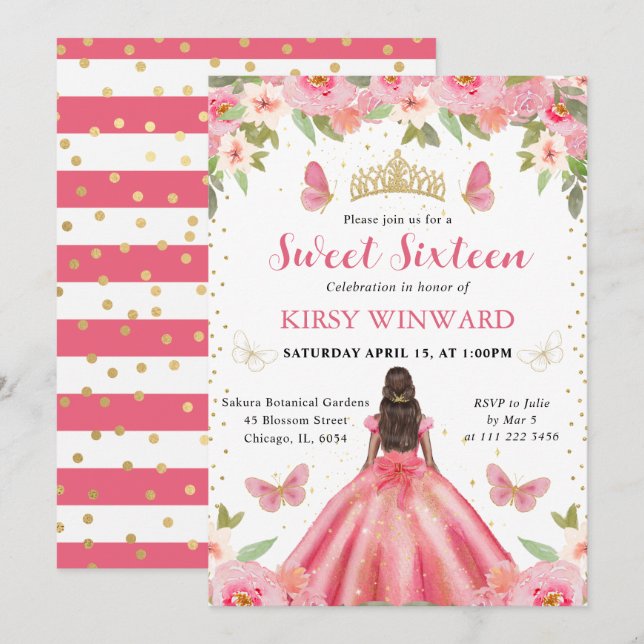 Pink Dress Dark Skin Princess Sweet 16 Invitation (Front/Back)