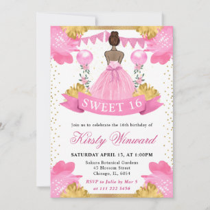Pink Dress Dark Skin Princess Sweet 16 Invitation