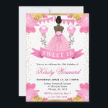 Pink Dress Dark Skin Princess Sweet 16 Invitation<br><div class="desc">Elegant watercolor dark skin princess in Pink dress design with Pink and gold flowers,  balloons and gold glitter confetti.</div>