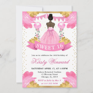 Pink Dress Dark Skin Princess Sweet 16 Invitation