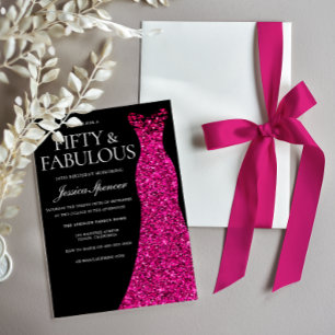 Pink Dress Fifty & Fabulous 50th Birthday Black Invitation