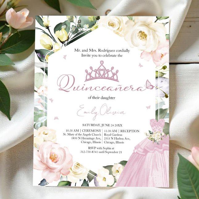 Pink Dress Floral Photo Quinceañera Invitation (Creator Uploaded)