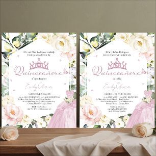 Pink Dress Floral Quinceañera Bilingual Invitation