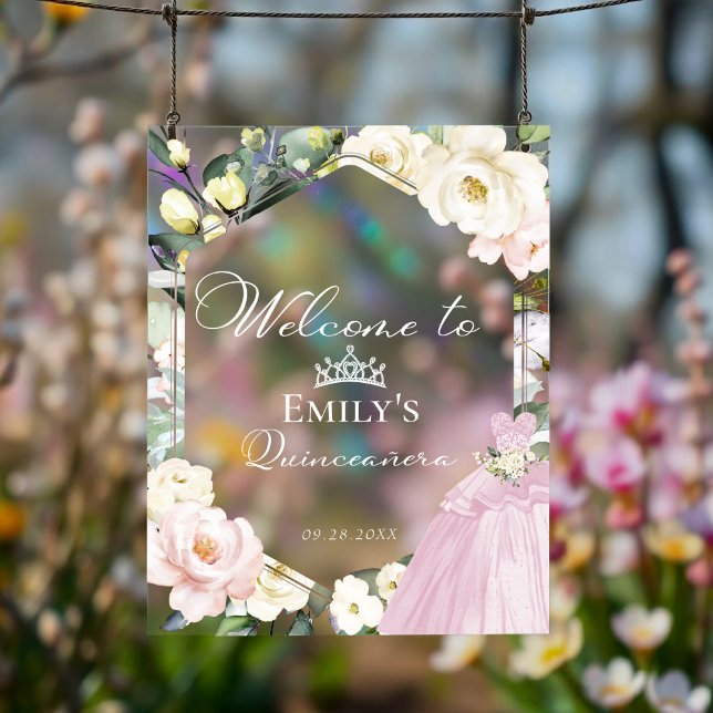 Pink Dress Floral Quinceañera Welcome Acrylic Sign (Creator Uploaded)