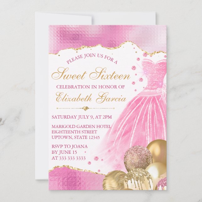Pink Dress & Gold Glitter Balloons Sweet 16 Invitation (Front)