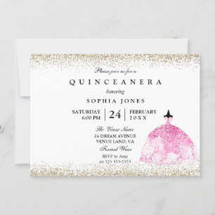 Pink Dress Gold Glitter Quinceanera invitation