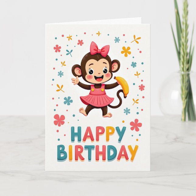Pink Dress Monkey Birthday Card (Front)