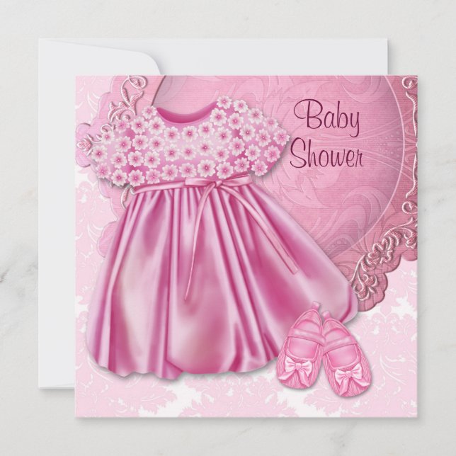 Pink Dress Pink Damask Baby Girl Shower Invitation (Front)