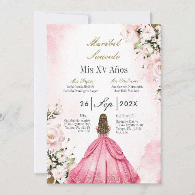 Pink dress quinceañera  invitation (Front)