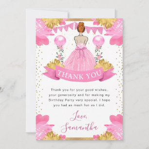 Pink Dress Red Haired Princess Birthday Thank You Card