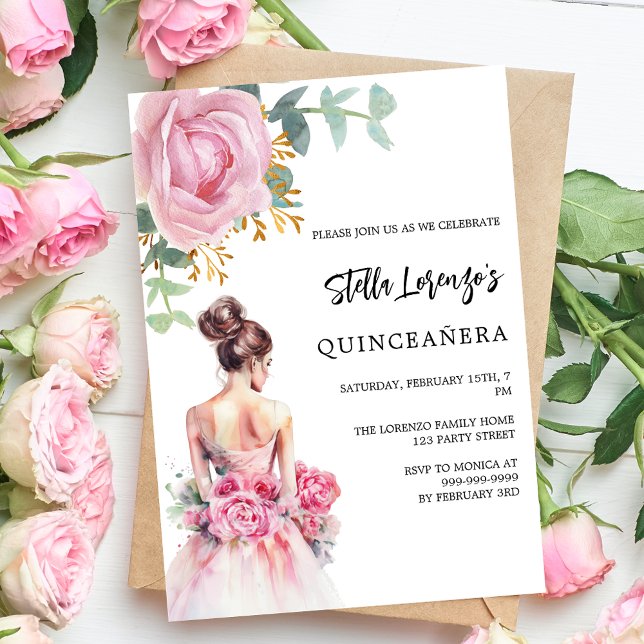 Pink dress rose floral Quinceanera Invitation (Creator Uploaded)