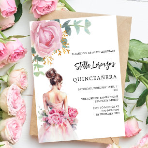 Pink dress rose floral Quinceanera luxury Invitation