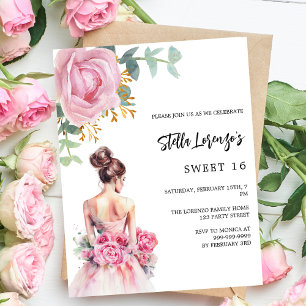 Pink dress rose floral Sweet 16 budget invitation