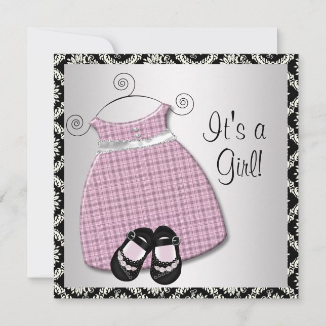 Pink Dress Shoes Pink Damask Baby Shower Invitation (Front)
