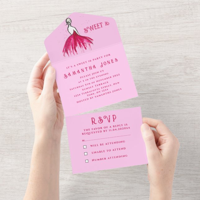 Pink Dress Sweet 16 Floral Sixteen Girly Elegant A All In One Invitation (Tearaway)