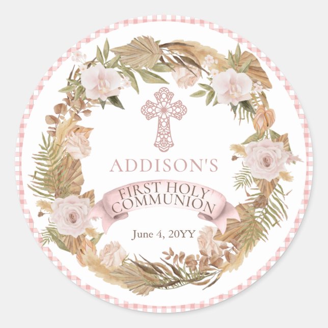 Pink Dried Floral Girl First Holy Communion Classic Round Sticker (Front)