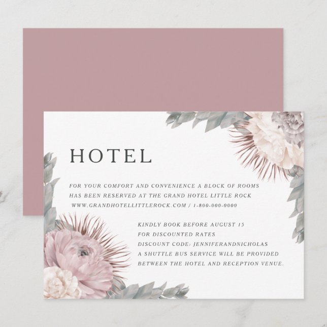 Pink Dried Flowers Wedding Accommodations Enclosure Card (Front/Back)