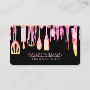 Pink Drip Chef Kitchen Tools Glitter Faux Business Card
