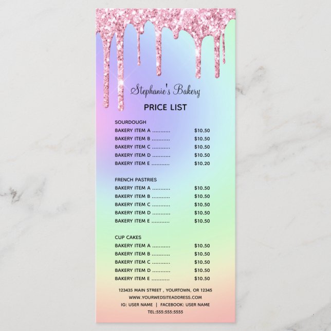Pink Dripping Glitter Bakery Price List & Menu (Front)