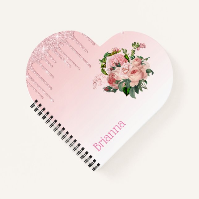 Pink Dripping Glitter Blush Pink Floral Bouquet Notebook (Front)