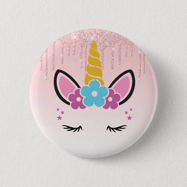 Pink Dripping Glitter Floral Unicorn 6 Cm Round Badge (Front)